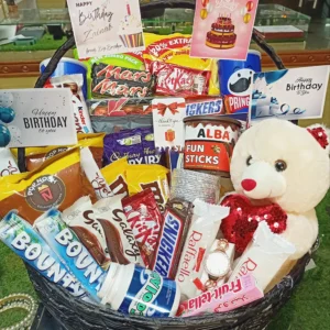 Birthday Gift Basket Pakistan with teddy bear, ladies watch, bangles, chocolates, and snacks