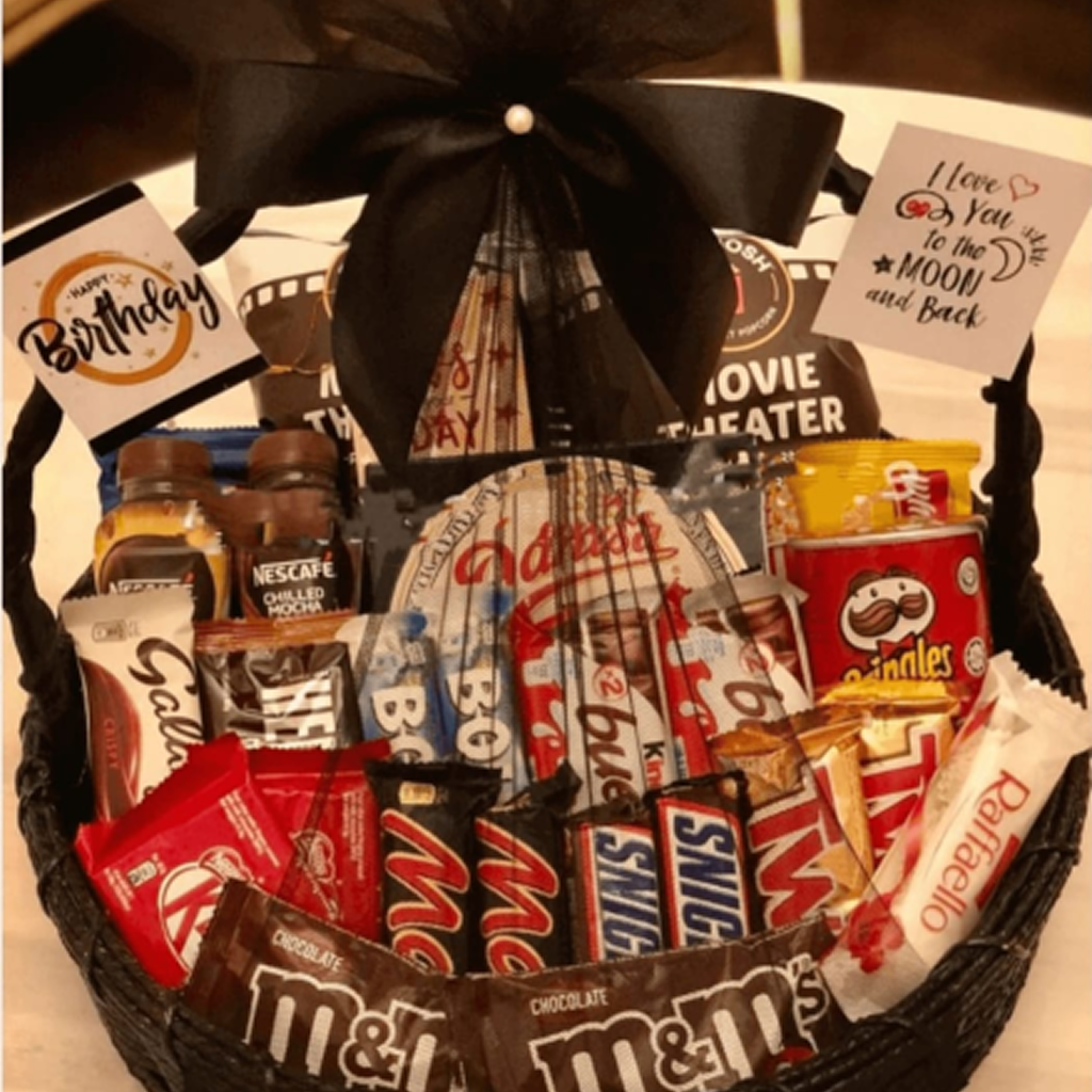 Birthday Gift Basket Pakistan with 15+ chocolates, Pringles, Nescafe, greeting cards in a luxury black basket