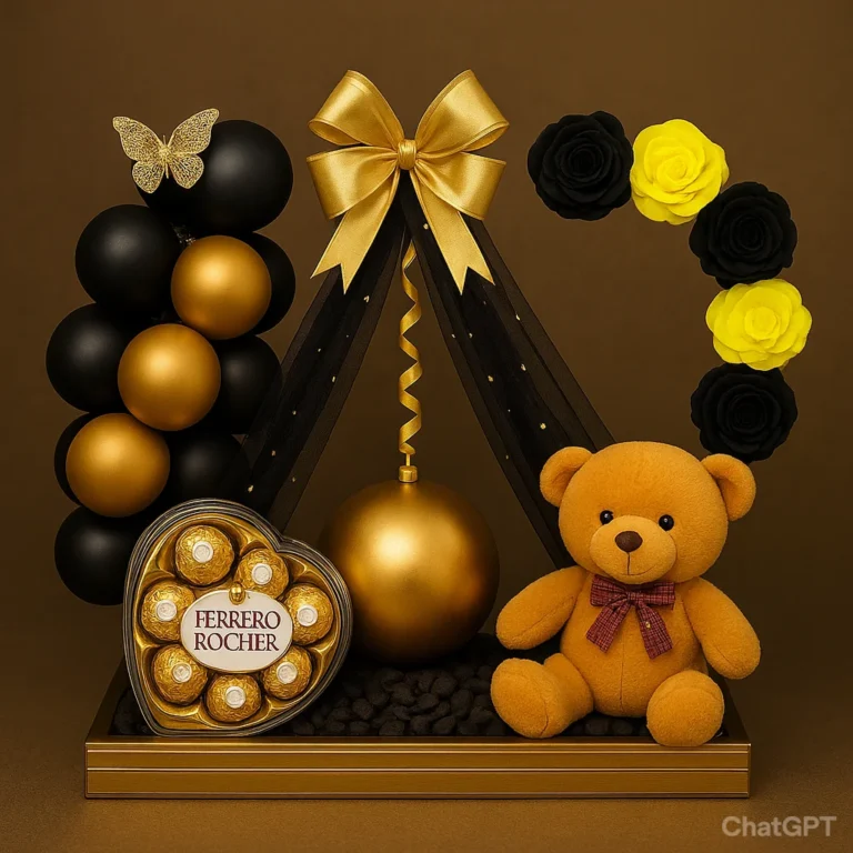 Luxury Gift Box in Pakistan with Teddy, Ferrero Rocher and Golden Balloons