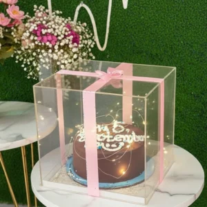 Elegant Chocolate Birthday Cake in Acrylic Gift Box – Pink Ribbon