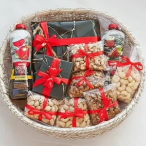 Premium Dry Fruit & Juice Gift Basket – Luxury Red Ribbon Edition